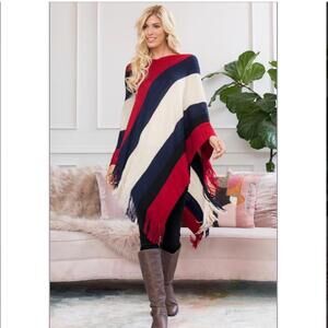Asymmetrical Red Navy Striped Poncho Sweater